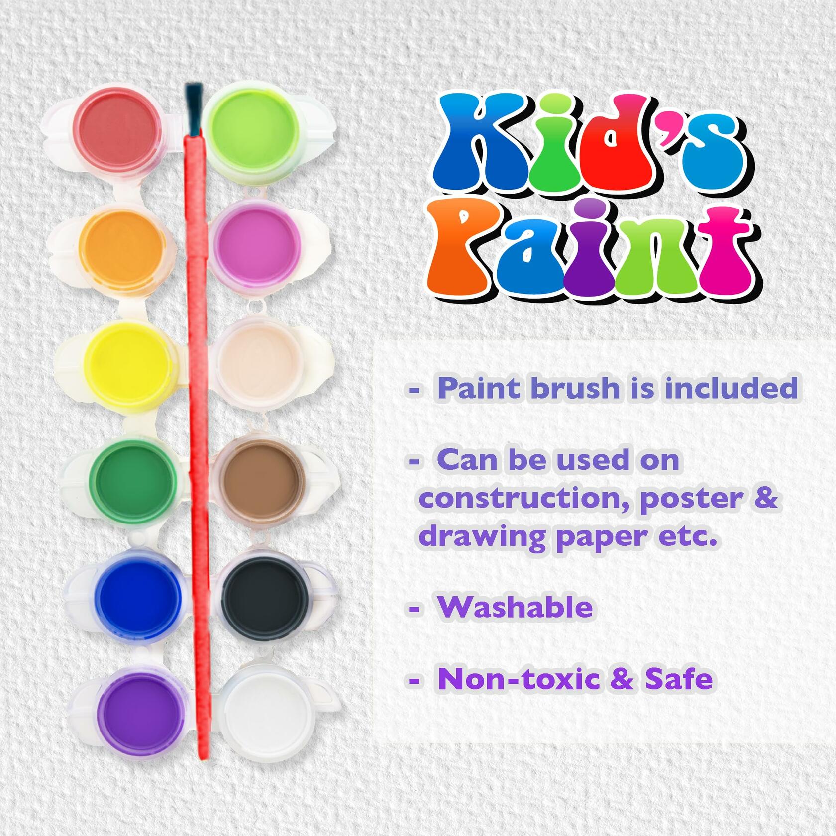 [Like New] BAZIC Kid's Paint Set 12 Colors 60ml Non-Toxic Vibrant Colors 1-Pack