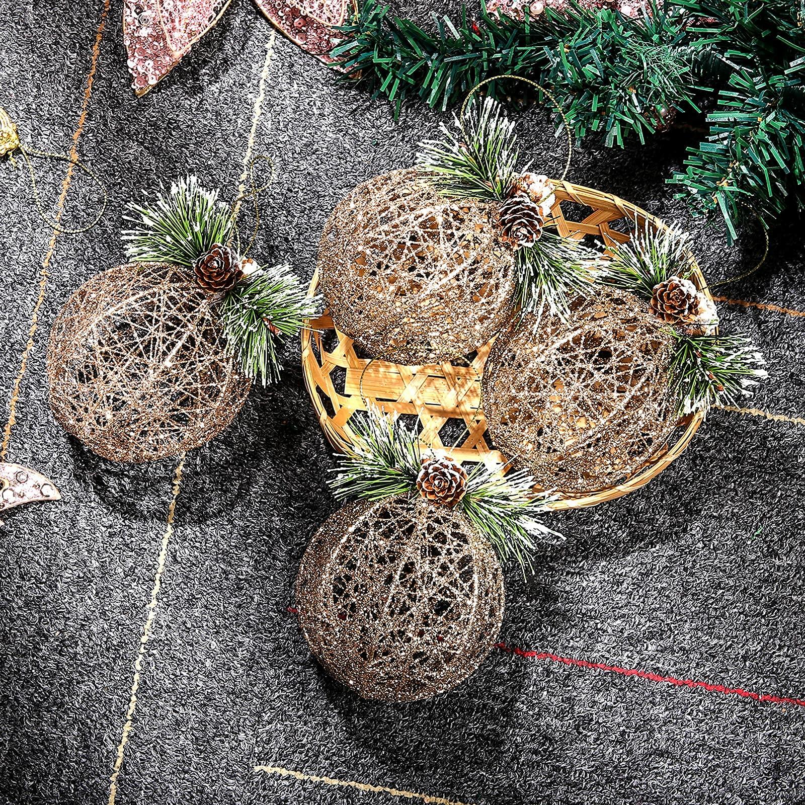 [Like New] Christmas Ball Ornaments 4pc Set Champagne Pinecone Rattan String