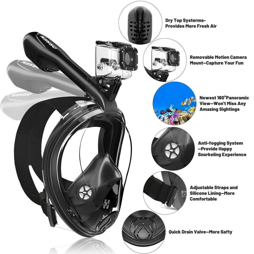 [Like New] ORSEN Full Face Snorkel Mask Adult SGS Certified Anti-Fog Black