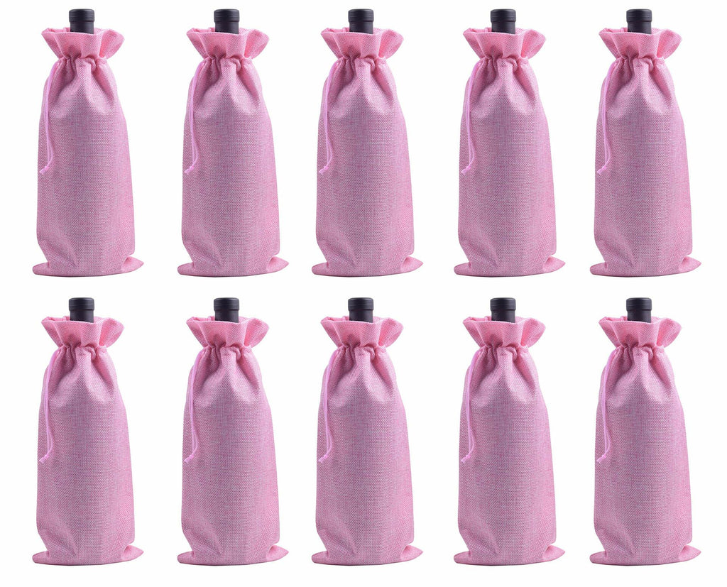 Viamto 10pcs Pink Burlap Wine Bags Drawstring Lining 15x35cm Gift Pouches