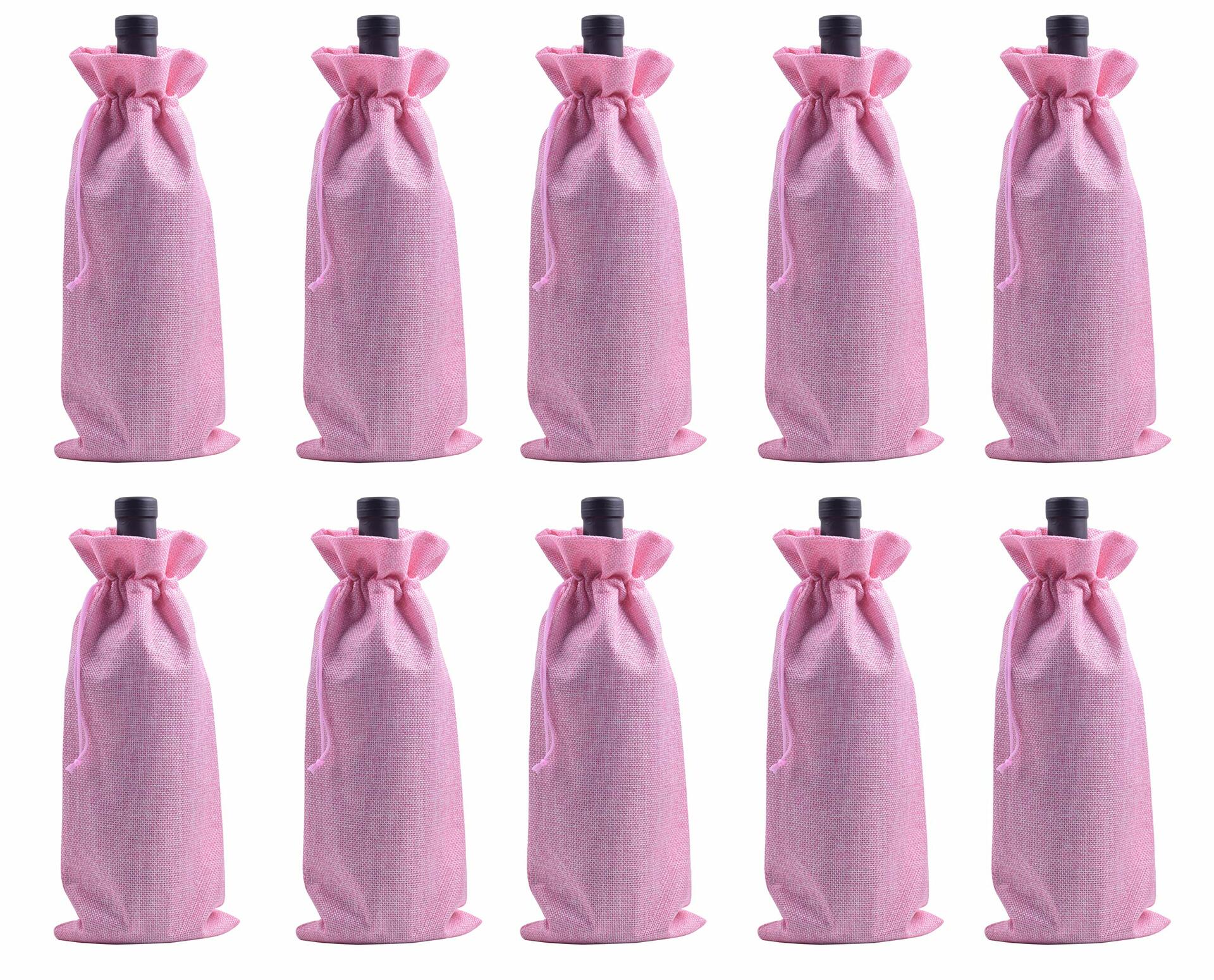 Viamto 10pcs Pink Burlap Wine Bags Drawstring Lining 15x35cm Gift Pouches