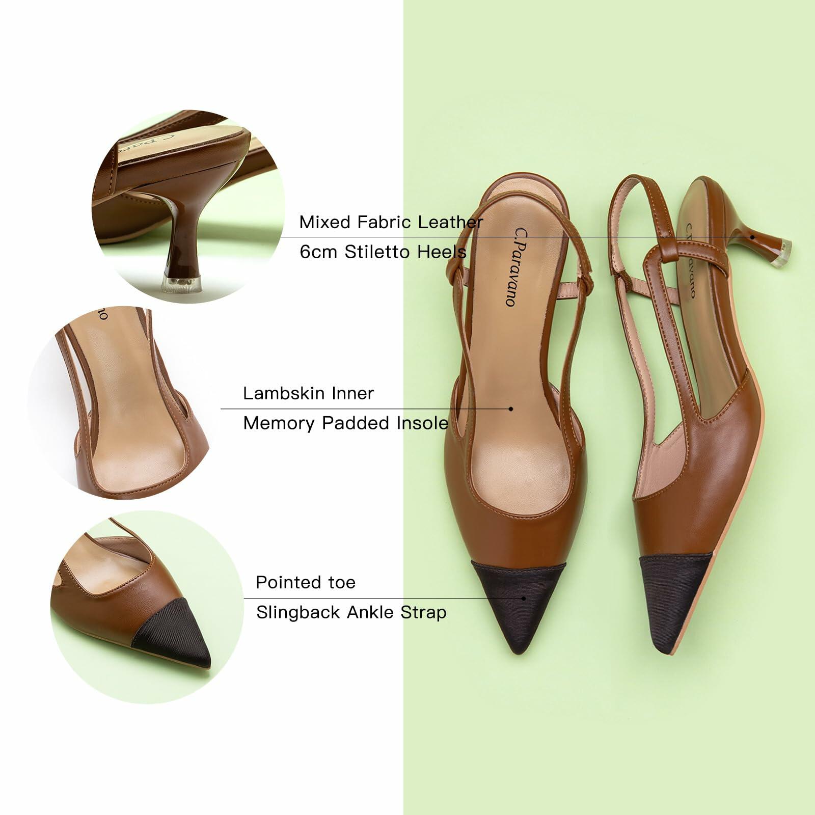 C.Paravano Women's Pointed Toe Slingback Pumps Brown Heels Size 6