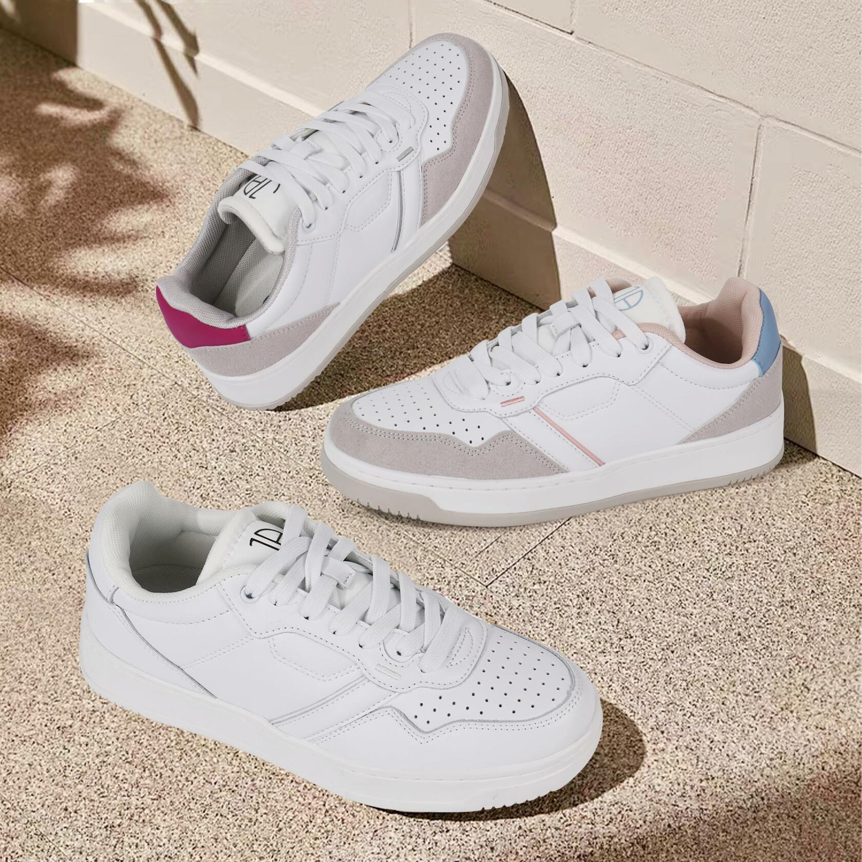 JABASIC Women Leather Platform Sneakers Lace-Up White/Sky Blue Size 7