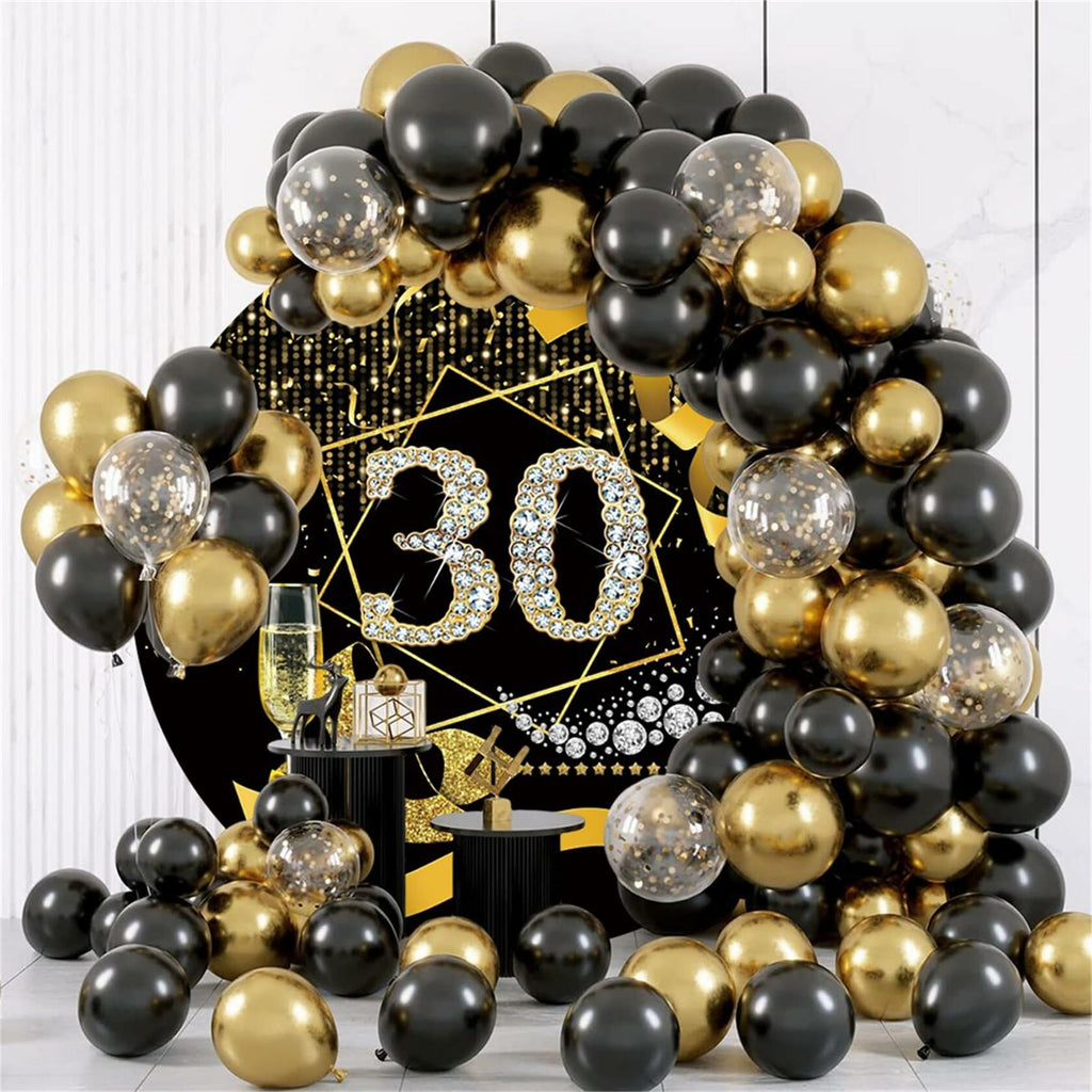 Baocicco 7.5ft 30th Birthday Round Backdrop Black Gold Glitter Ribbon