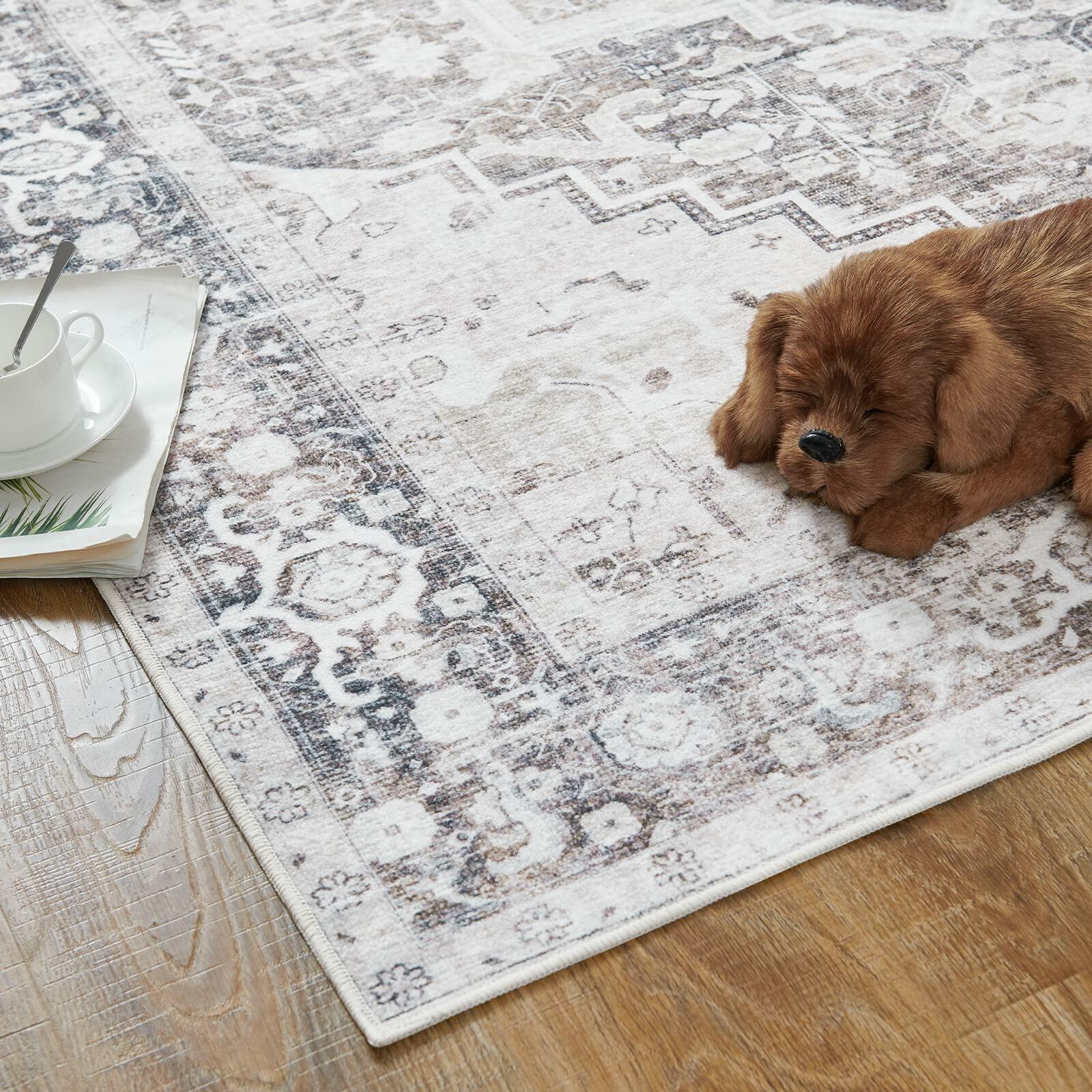 jinchan Area Rug 4x6 Washable Vintage Floral Non Slip Indoor Greige