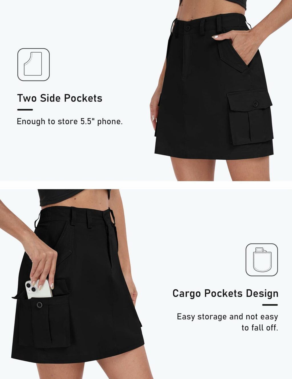MoFiz Women's 18" Knee Length Golf Skirt Athletic Casual Cargo Black XS Size XS