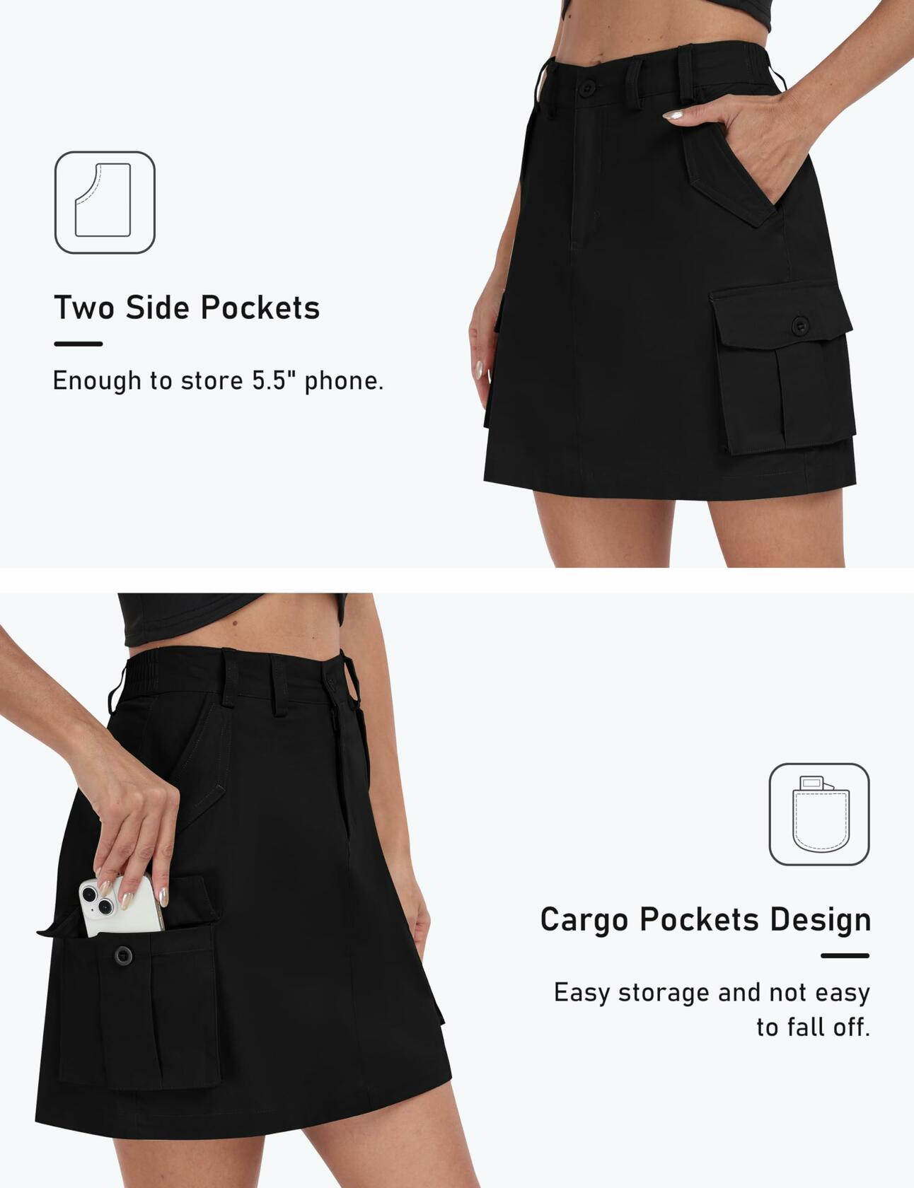 MoFiz Women's 18" Knee Length Golf Skirt Athletic Casual Cargo Black XS Size XS