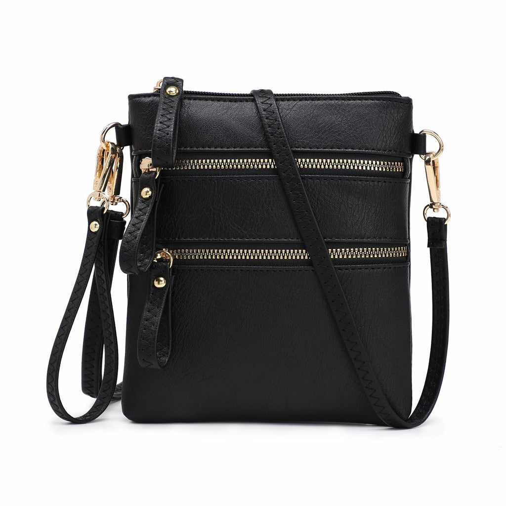 AMELIE GALANTI Small Vegan Crossbody Purse Bag Triple Zipper Black