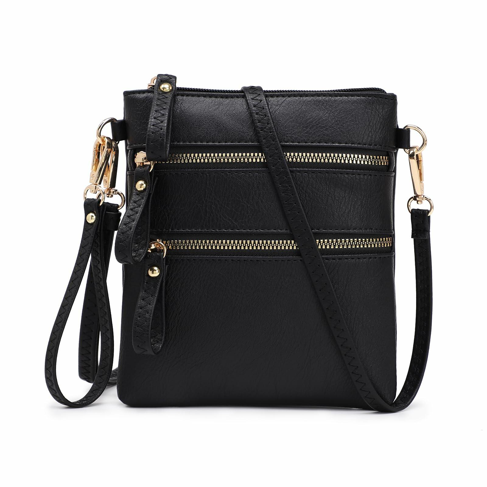 AMELIE GALANTI Small Vegan Crossbody Purse Bag Triple Zipper Black