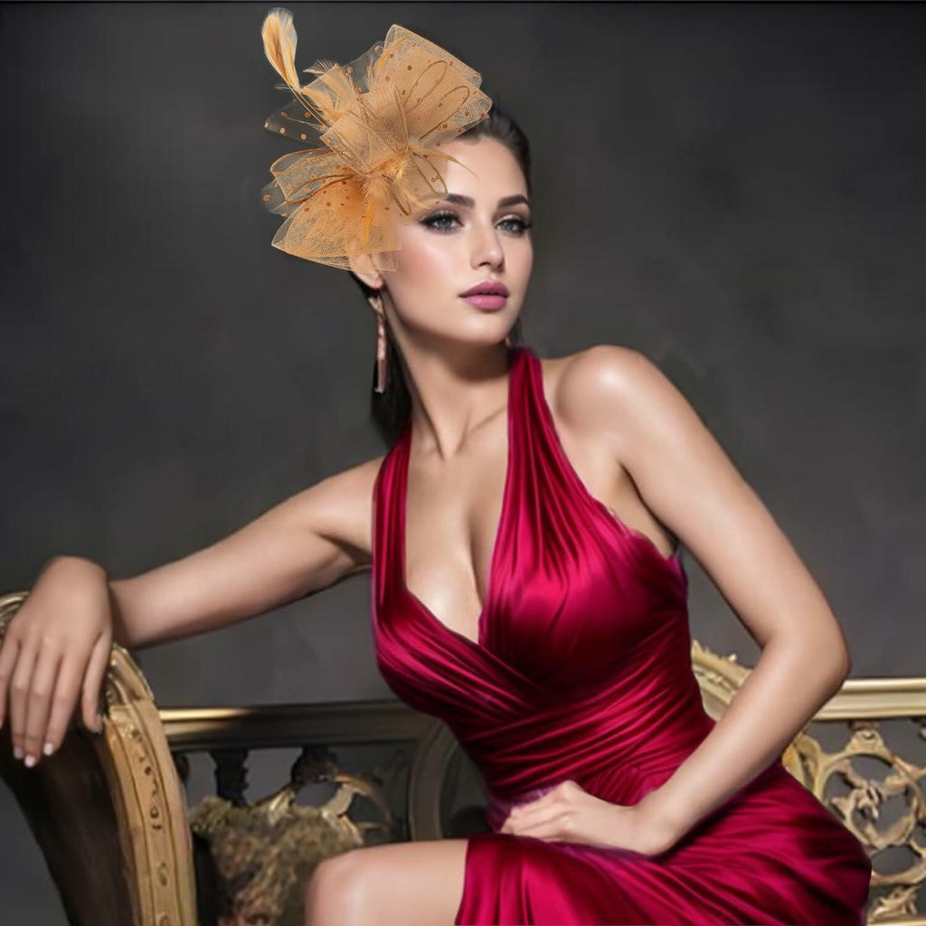 Unpifolov Fascinators Flower Mesh Feathers Headwear Dark Yellow
