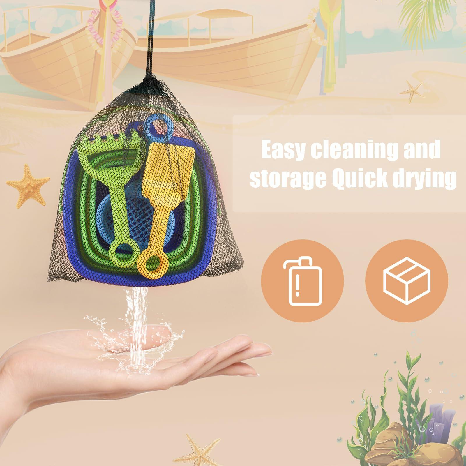 Beach Toys Set Collapsible Bucket 3 Shovels Mesh Bag Foldable Pail Toddler