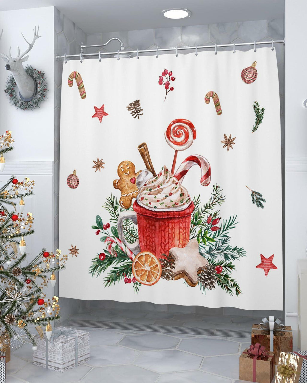 Christmas Gingerbread Man Shower Curtain Waterproof 72x72 Xmas Holiday Decor
