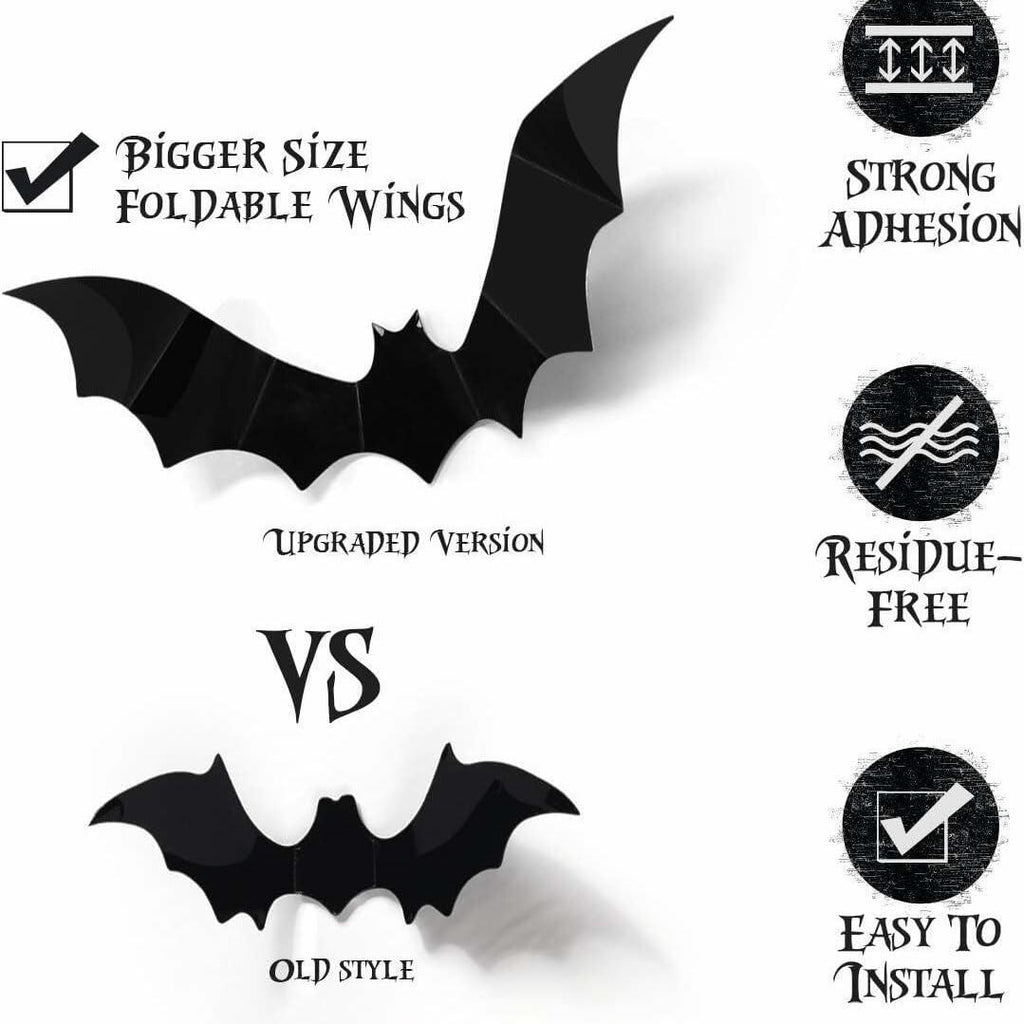 DZBJIPT 120 Pcs 3D Halloween Bats Wall Decals 4 Sizes Black Bat Decor