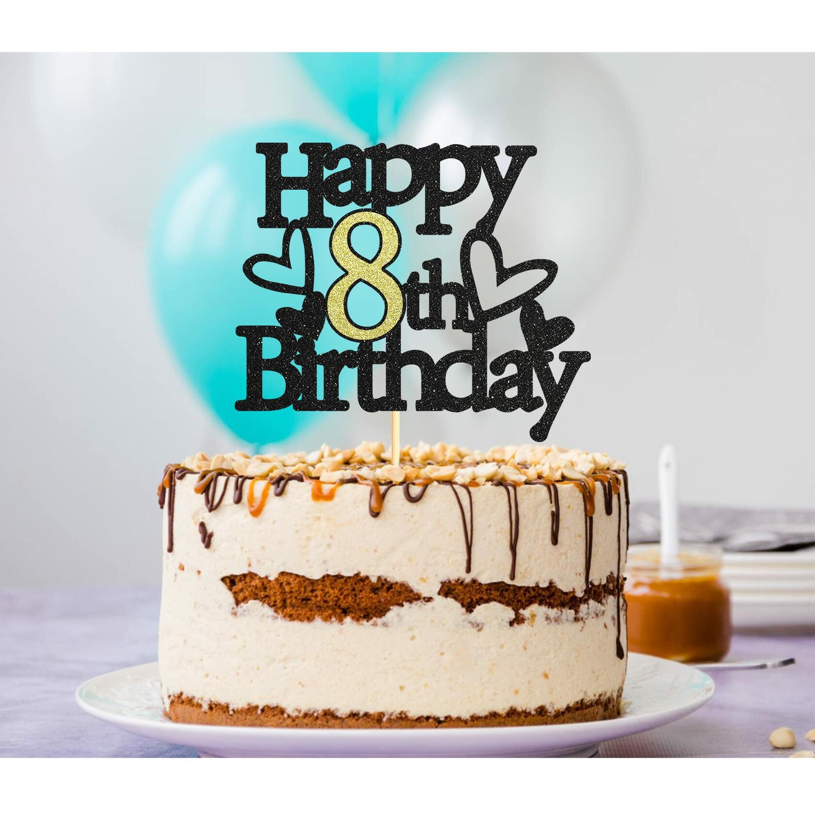 Sumerk 8th Birthday Cake Topper Black Gold Glitter Party Decoration