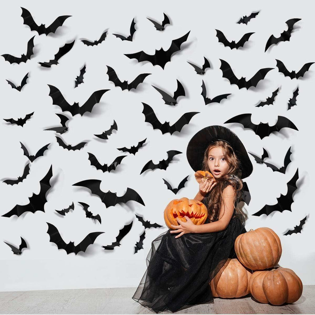 DZBJIPT 120 Pcs 3D Halloween Bats Wall Decals 4 Sizes Black Bat Decor