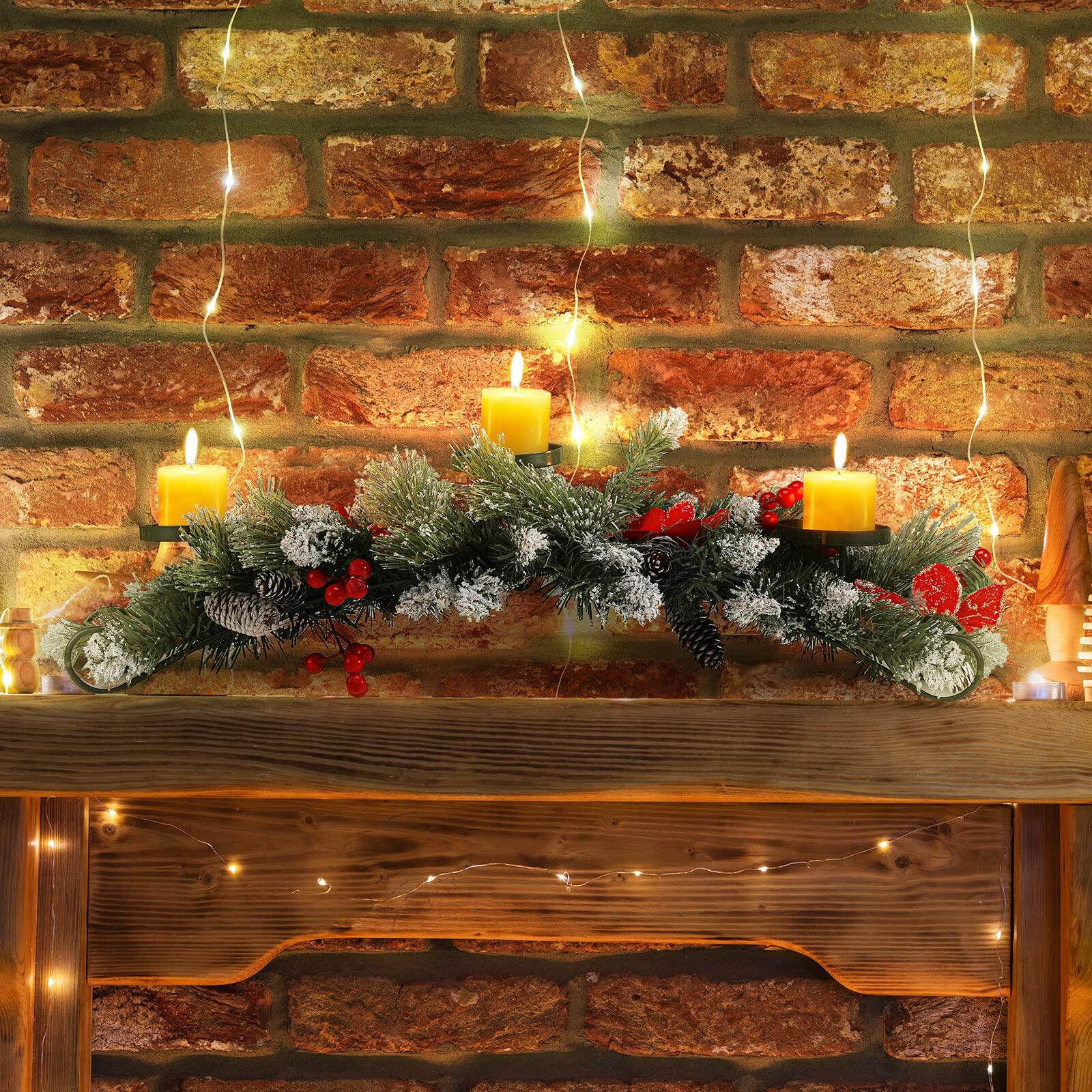 [Like New] 30" Artificial Christmas Centerpiece Red Flowers Berries Pinecones 3 Candle
