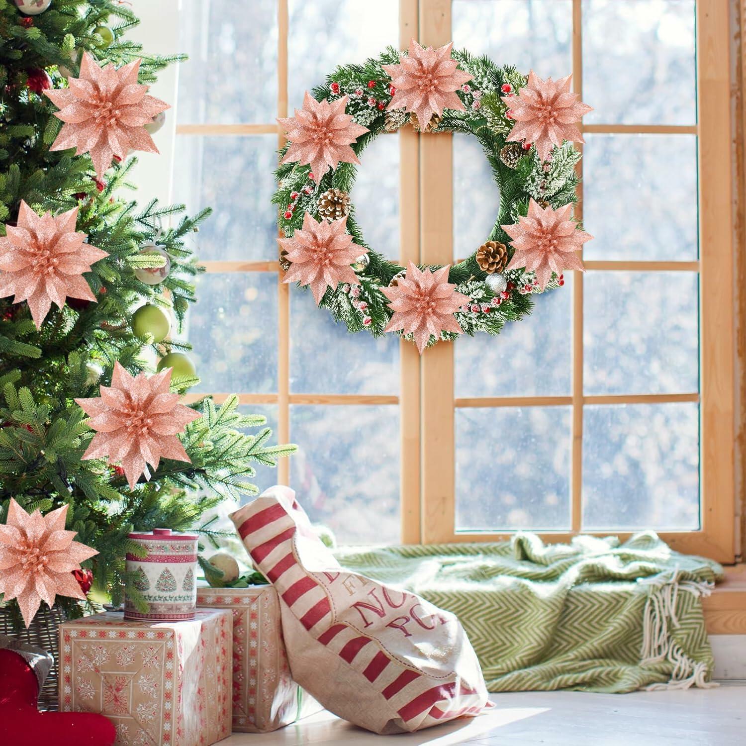 YOSICHY 12 Pcs Artificial Christmas Poinsettia Flowers Deep Champagne Clips