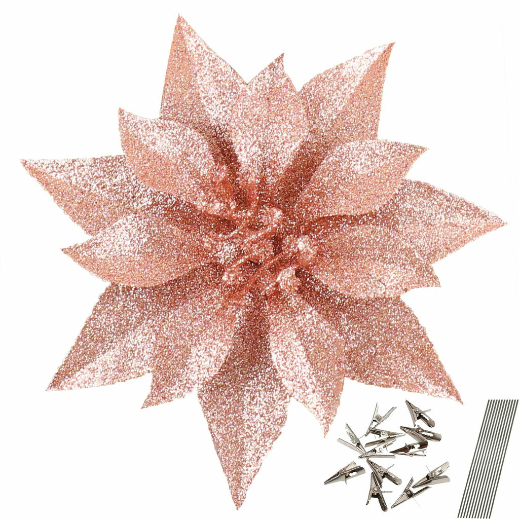 YOSICHY 12 Pcs Artificial Christmas Poinsettia Flowers Deep Champagne Clips