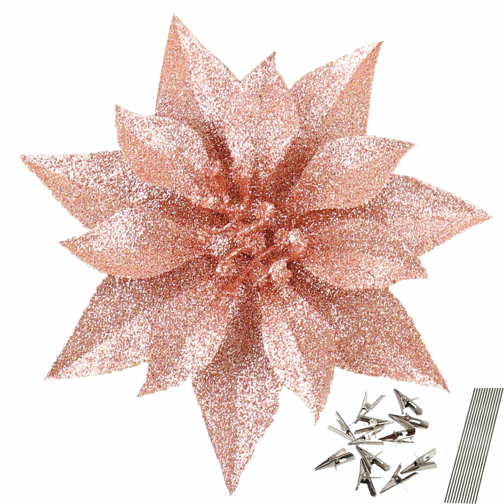 YOSICHY 12 Pcs Artificial Christmas Poinsettia Flowers Deep Champagne Clips