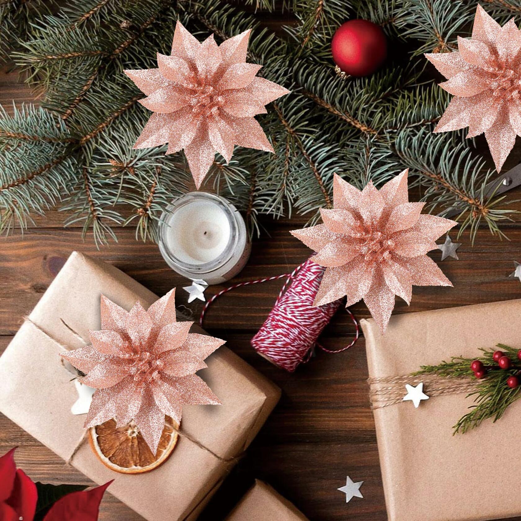 YOSICHY 12 Pcs Artificial Christmas Poinsettia Flowers Deep Champagne Clips
