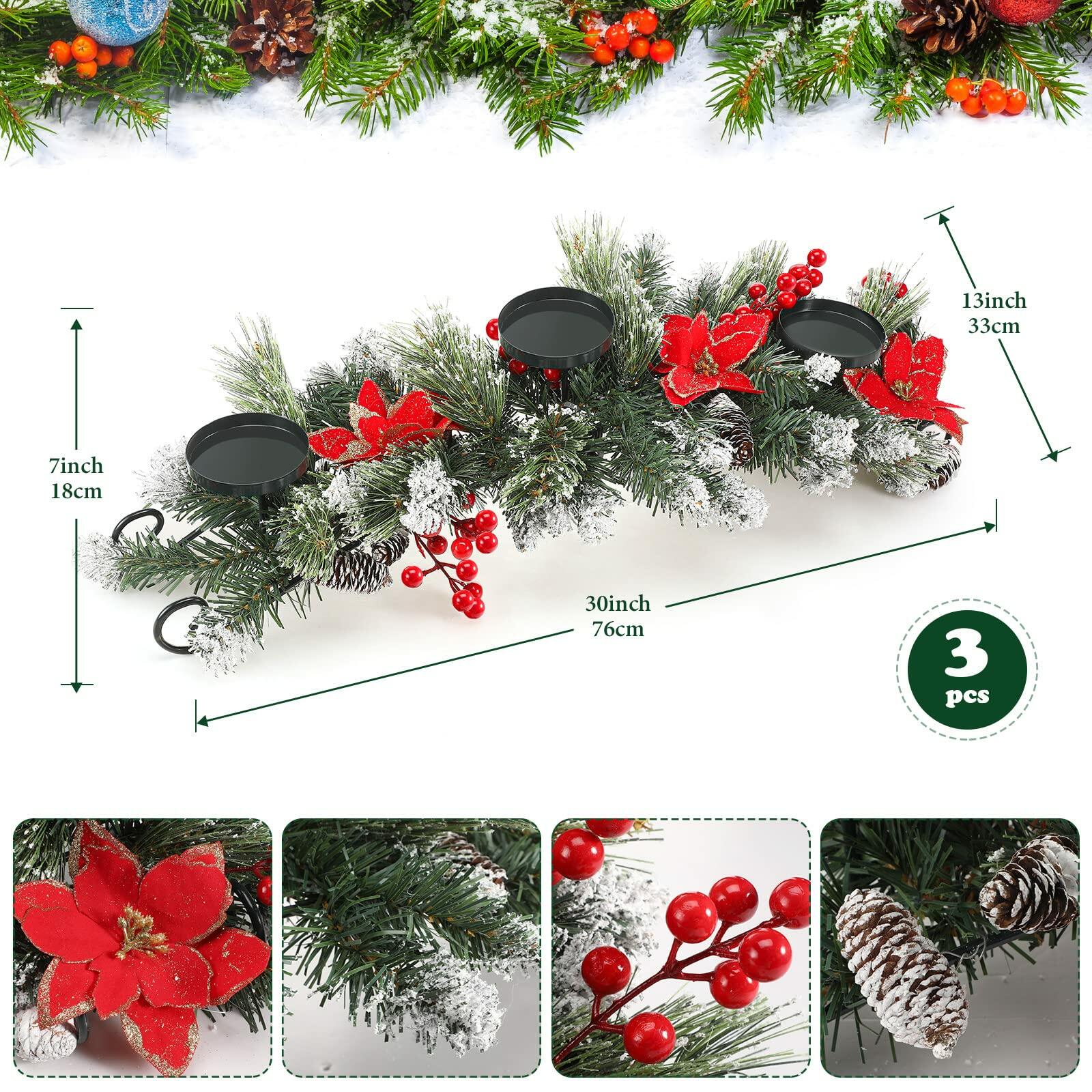 [Like New] 30" Artificial Christmas Centerpiece Red Flowers Berries Pinecones 3 Candle