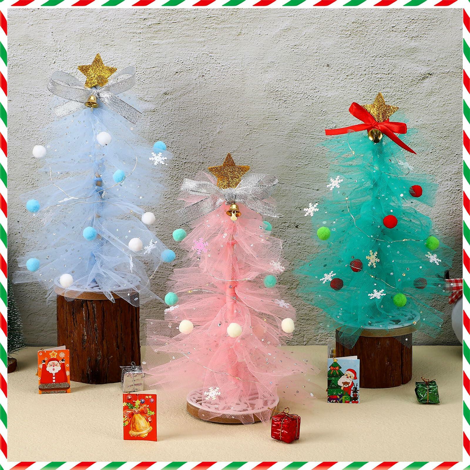 Hungdao 3 Set DIY 12 Inch Tulle Christmas Tree Craft Kit with Light