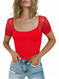 CRIPOM Women's Square Neck Sheer Sleeve Bodysuit Red Size XL