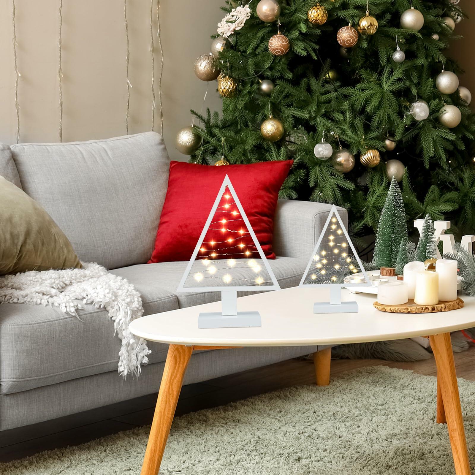 Cinnvoice Wood Christmas Tree with Lights Set of 2 White 13.4" & 9.8"