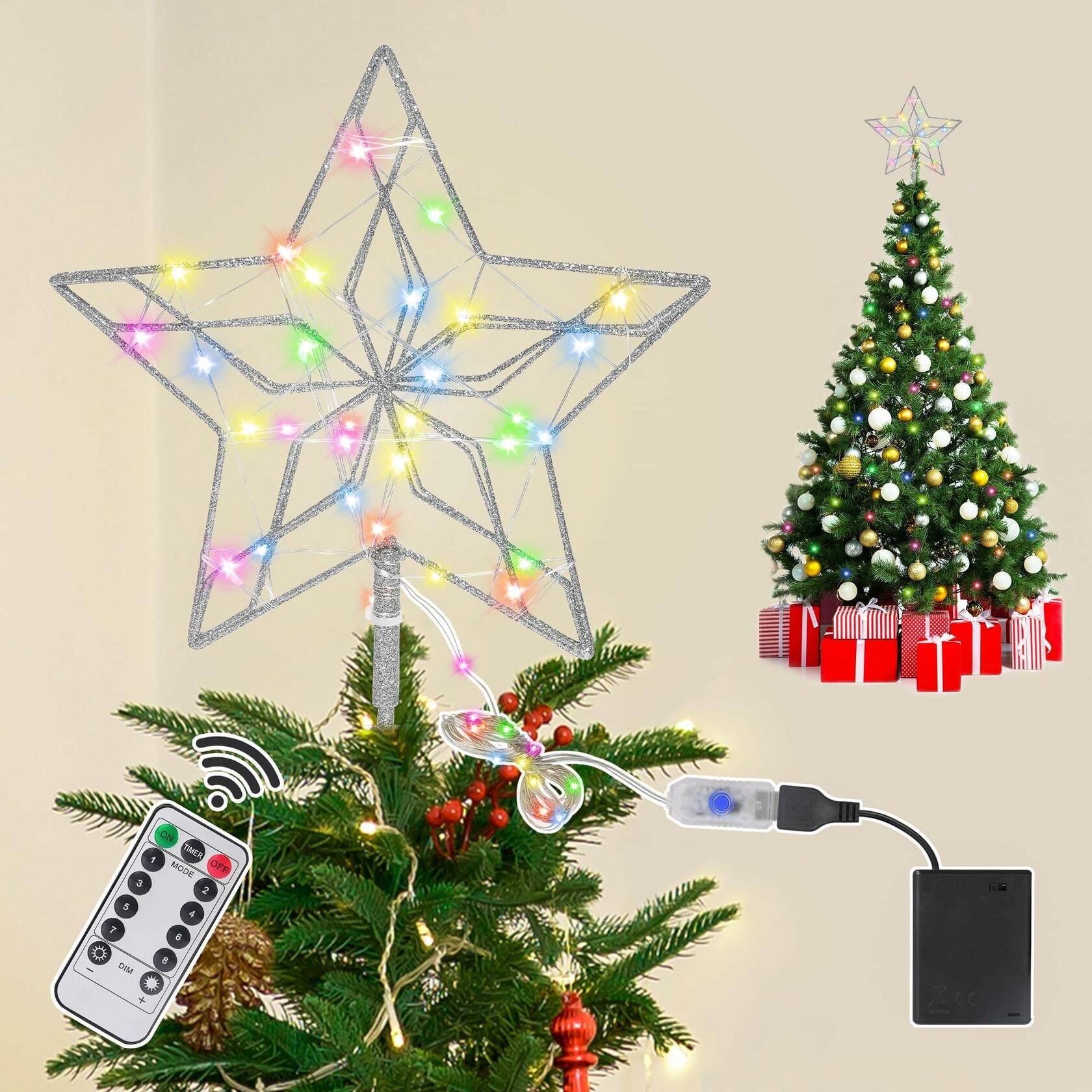 [Like New] Christmas Tree Topper 50 LED Light Silver Star Remote Control Xmas Decor