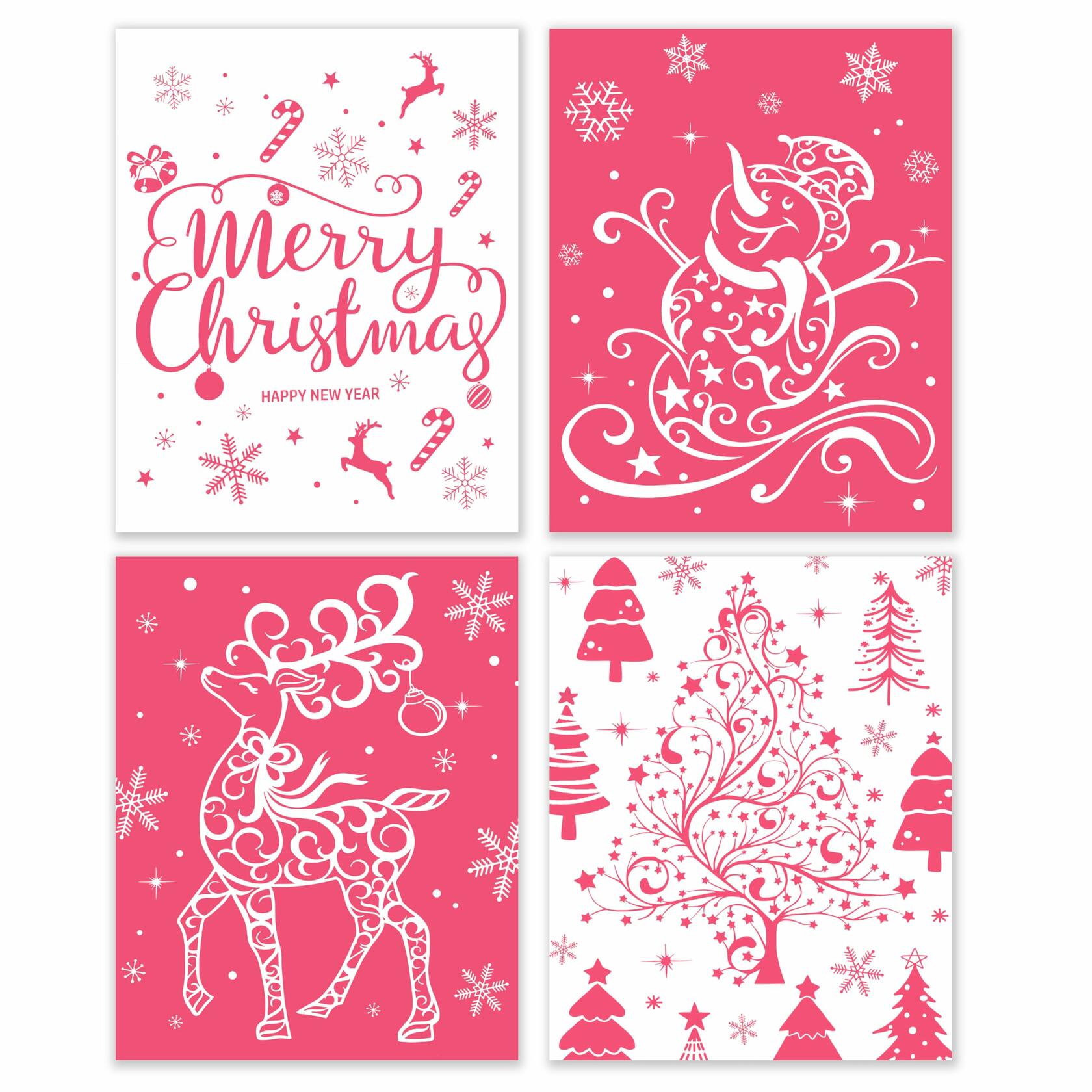 BESERH Pink Christmas Wall Decor Santa Reindeer Bells 8x10in Set of 4