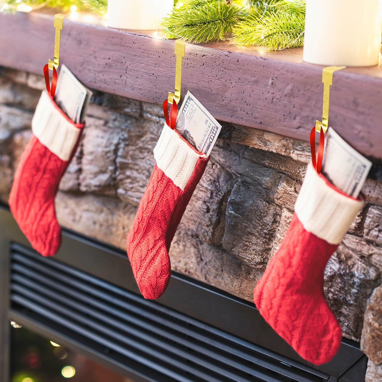 Tandefio 12 Pack Glitter Christmas Stocking Holder Hangers Gold Mantel Hooks