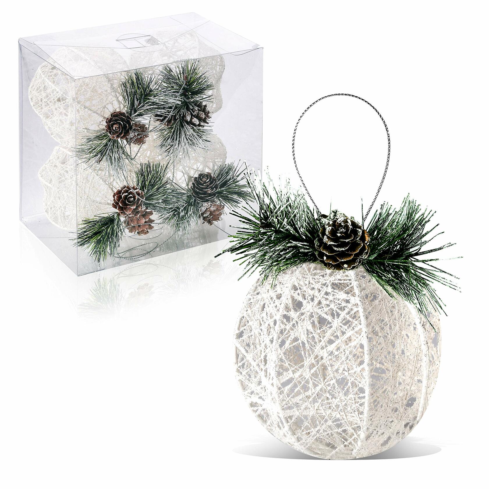 [Like New] Christmas Ball Ornaments 4pc Set White Pinecone Rattan Thread String 4.7"