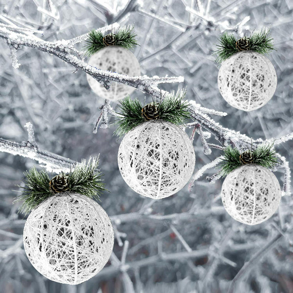 [Like New] Christmas Ball Ornaments 4pc Set White Pinecone Rattan Thread String 4.7"