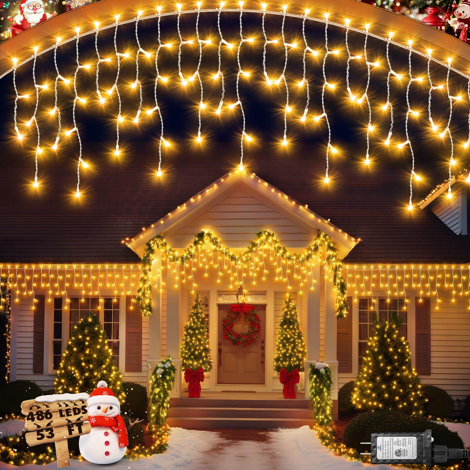 JIXXULVU 2 Pack 53FT 486 LED Outdoor Waterproof Timer 8 Modes Warm White