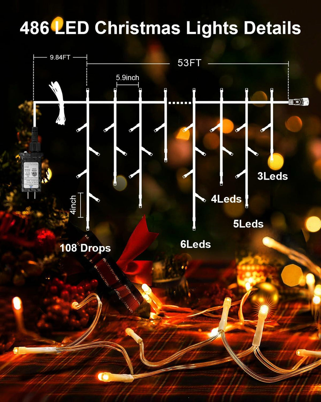 JIXXULVU 2 Pack 53FT 486 LED Outdoor Waterproof Timer 8 Modes Warm White