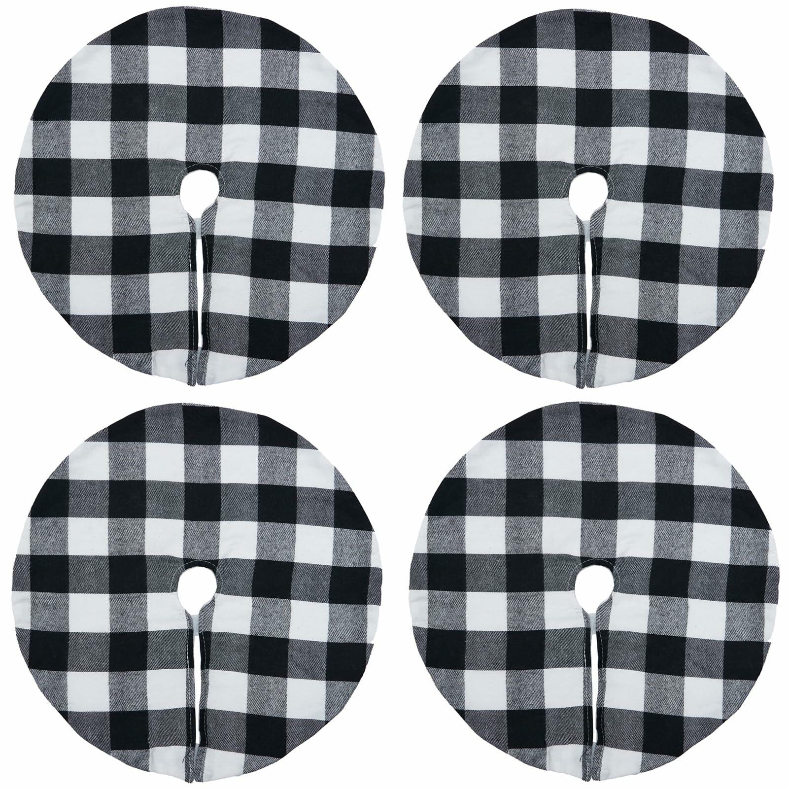 4 Pack Christmas Tree Skirt 15" Black White Buffalo Plaid Holiday Decor