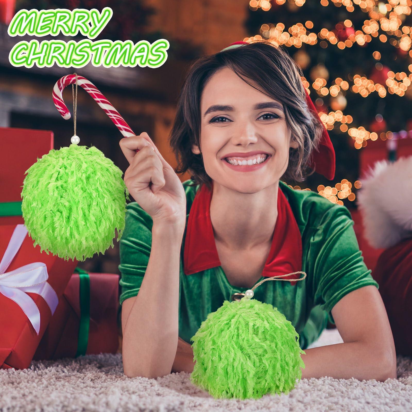 Syhood 2 Pcs Green Furry Large Christmas Ball Ornaments 4.72in
