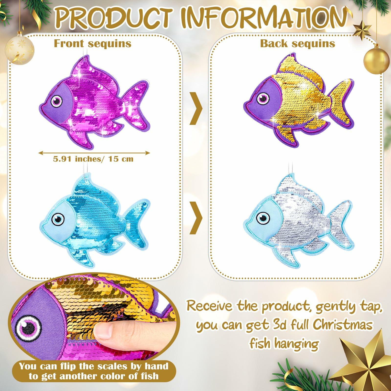 Suzile Christmas Fishing Ornaments 4 Pc Large Glitter Fish Coastal Blue