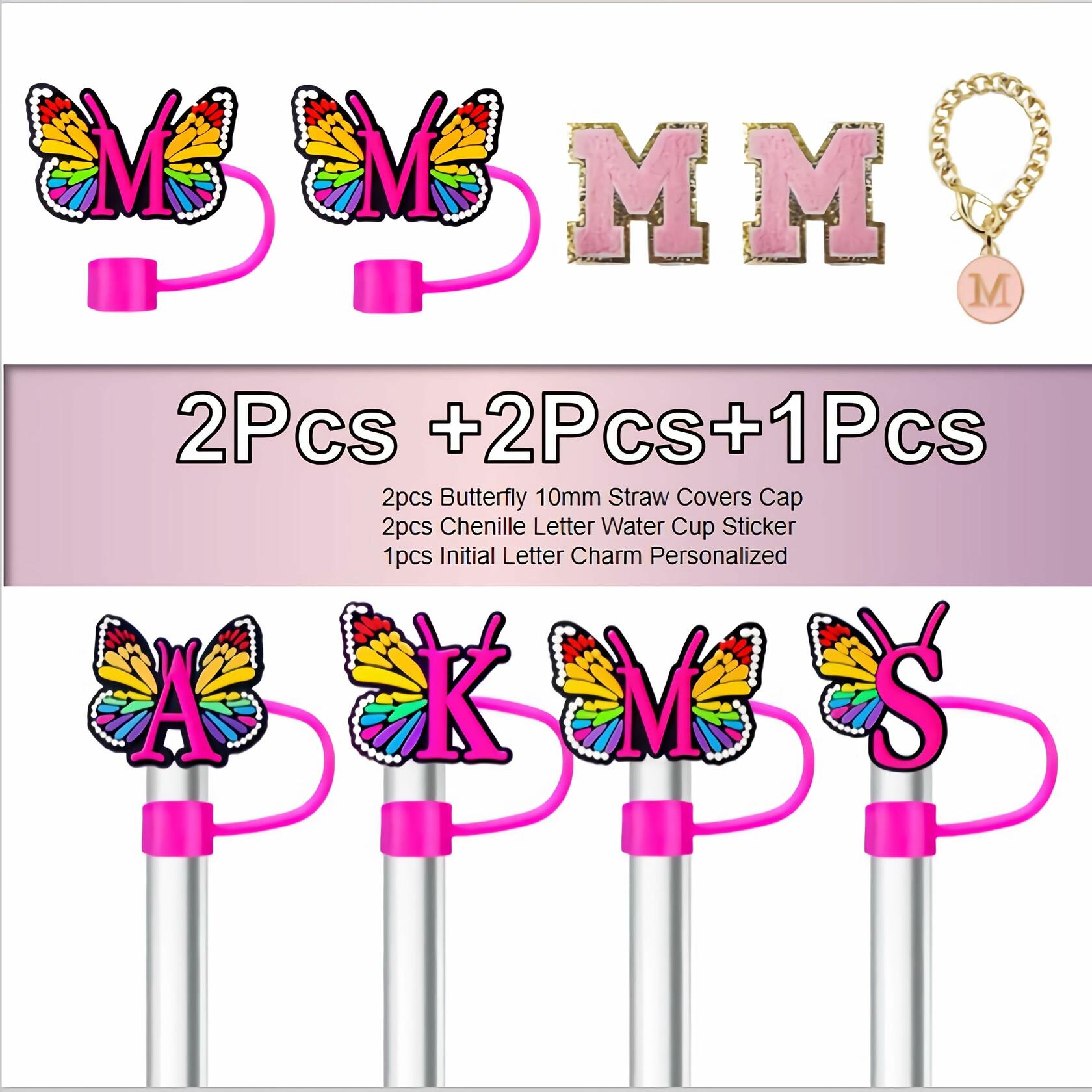 IN CHENTHY Silicone Straw Covers 2pcs Topper + Charm Chain + Stickers S