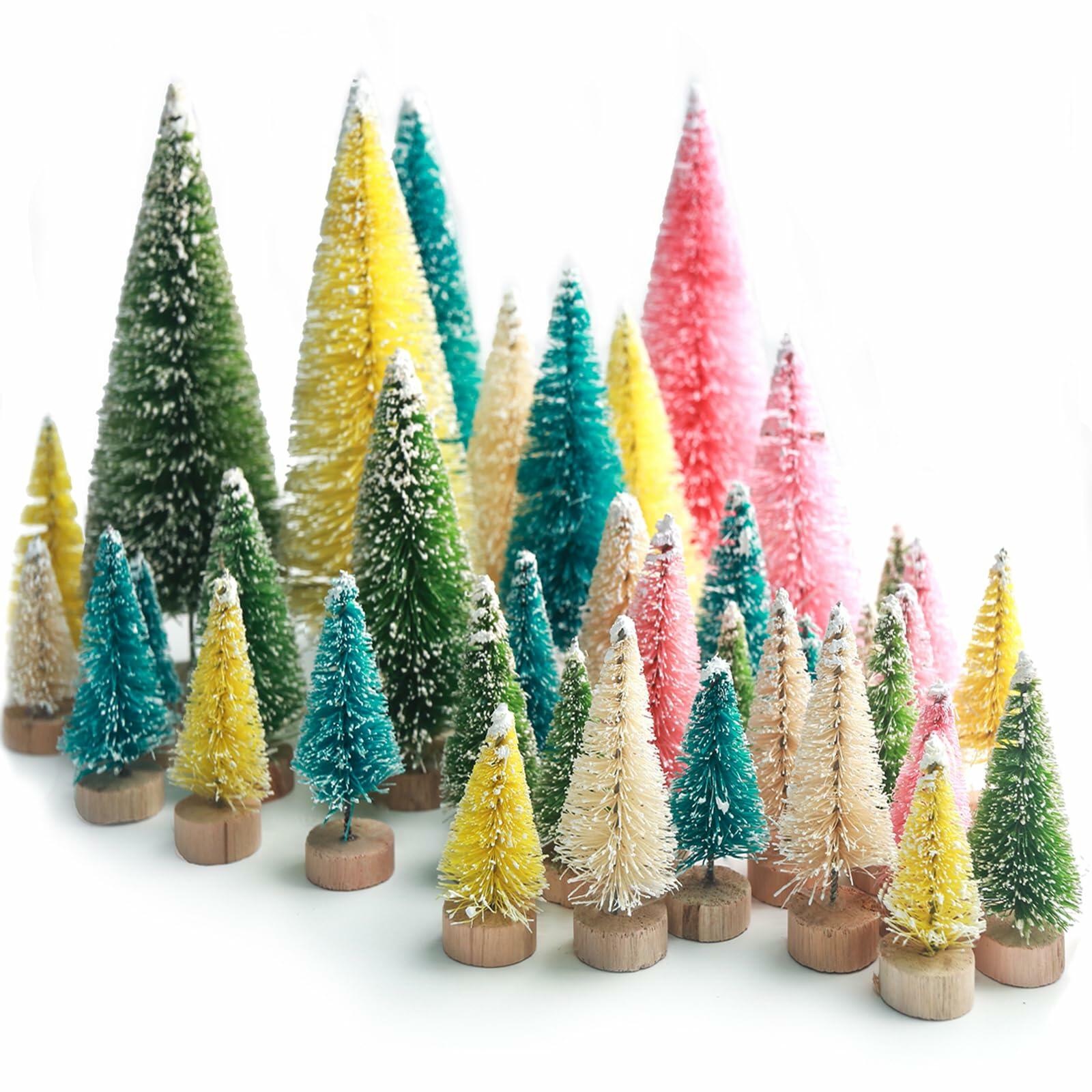 DomeStar 45PCS Mini Christmas Sisal Trees Colorful Frosted with Wood Base