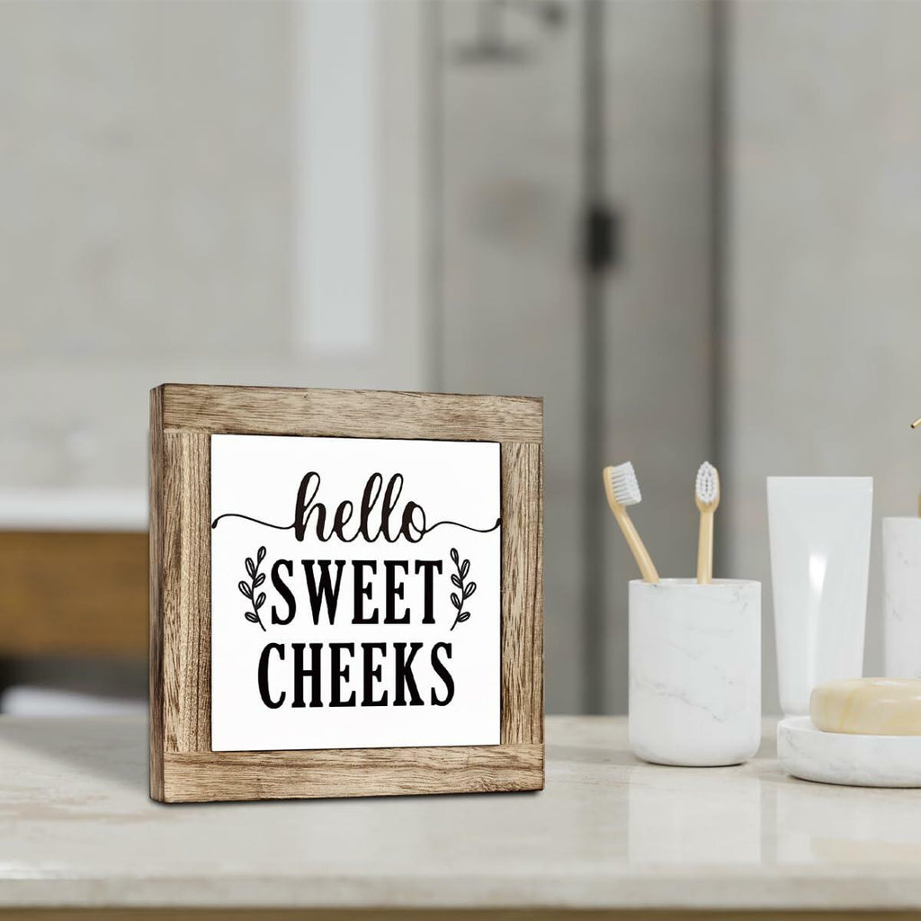 Farmhouse Rustic Wooden Bathroom Sign 'Hello Sweet Cheeks' Plaque Decor
