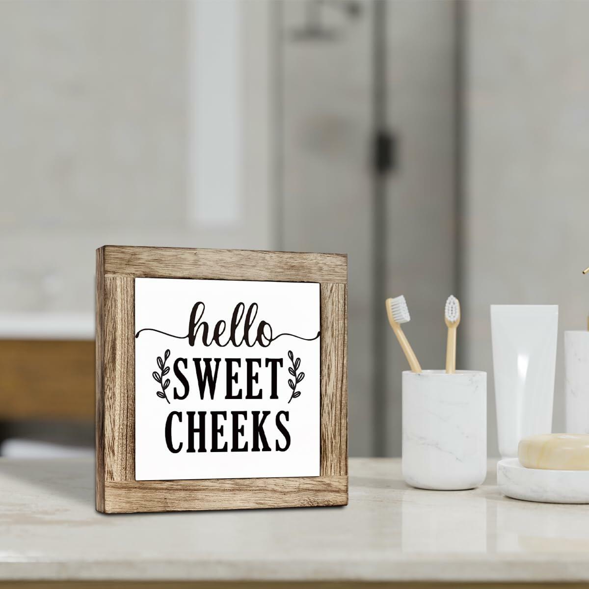 Farmhouse Rustic Wooden Bathroom Sign 'Hello Sweet Cheeks' Plaque Decor