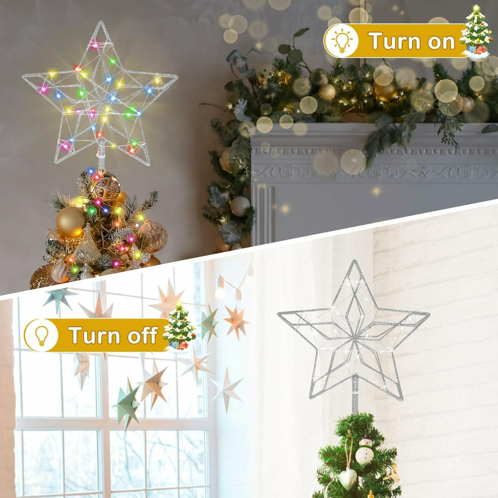 Christmas Tree Topper 50 LED Lighted Silver Star Remote Control 8 Modes