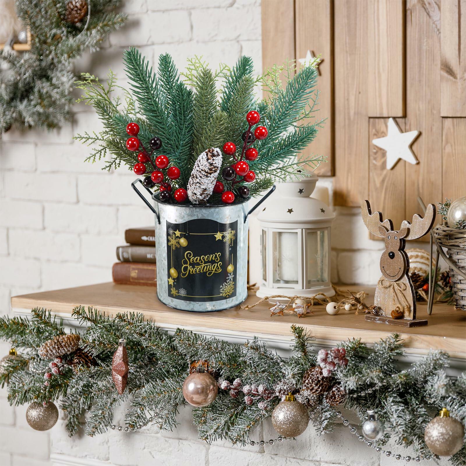 Winlyn Christmas Floral Arrangement Pinecone Red Berry Galvanized Pot 12.4"