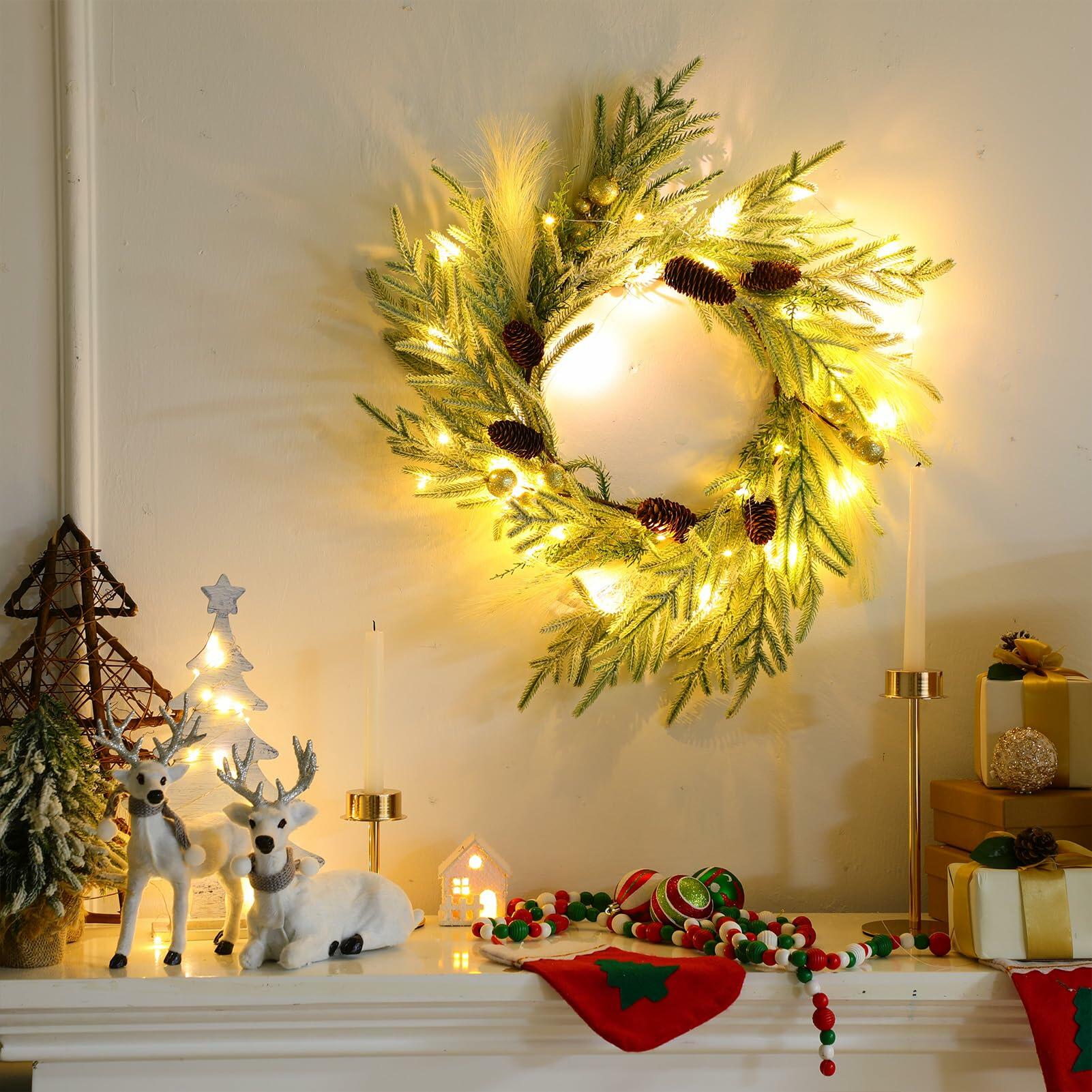 Chuangdi 24" Lighted Norfolk Pine Pampas Christmas Wreath with Pine Cones