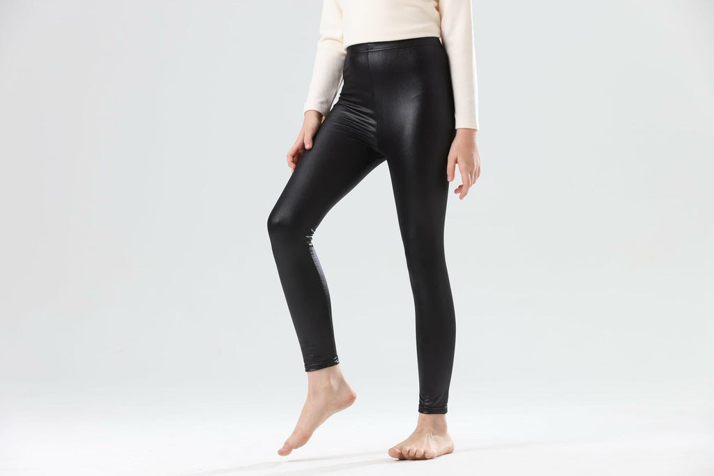 CVVTEE Girls Faux Leather Stretch Leggings Black Fleece-Lined Size 12