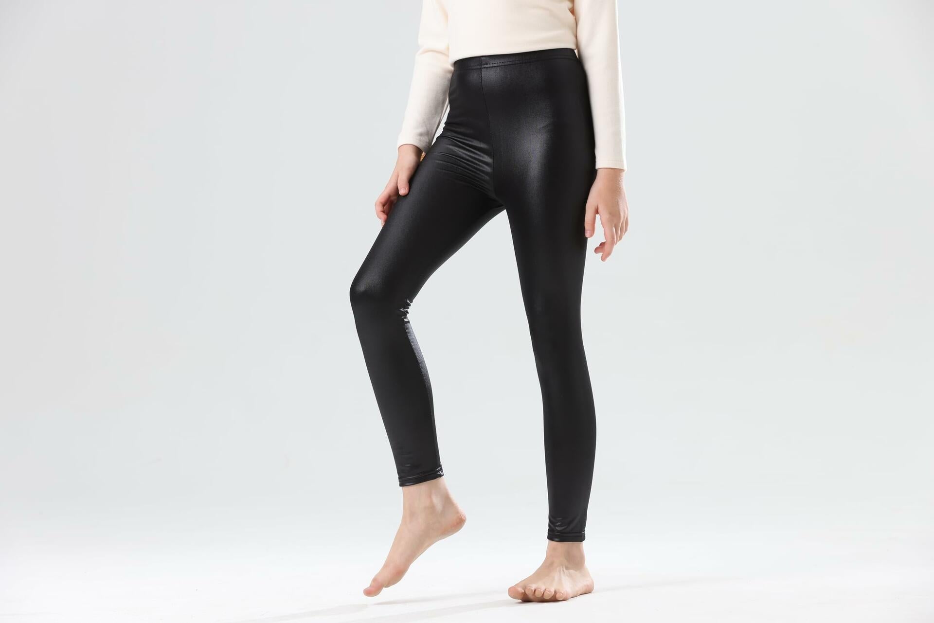 CVVTEE Girls Faux Leather Stretch Leggings Black Fleece-Lined Size 12