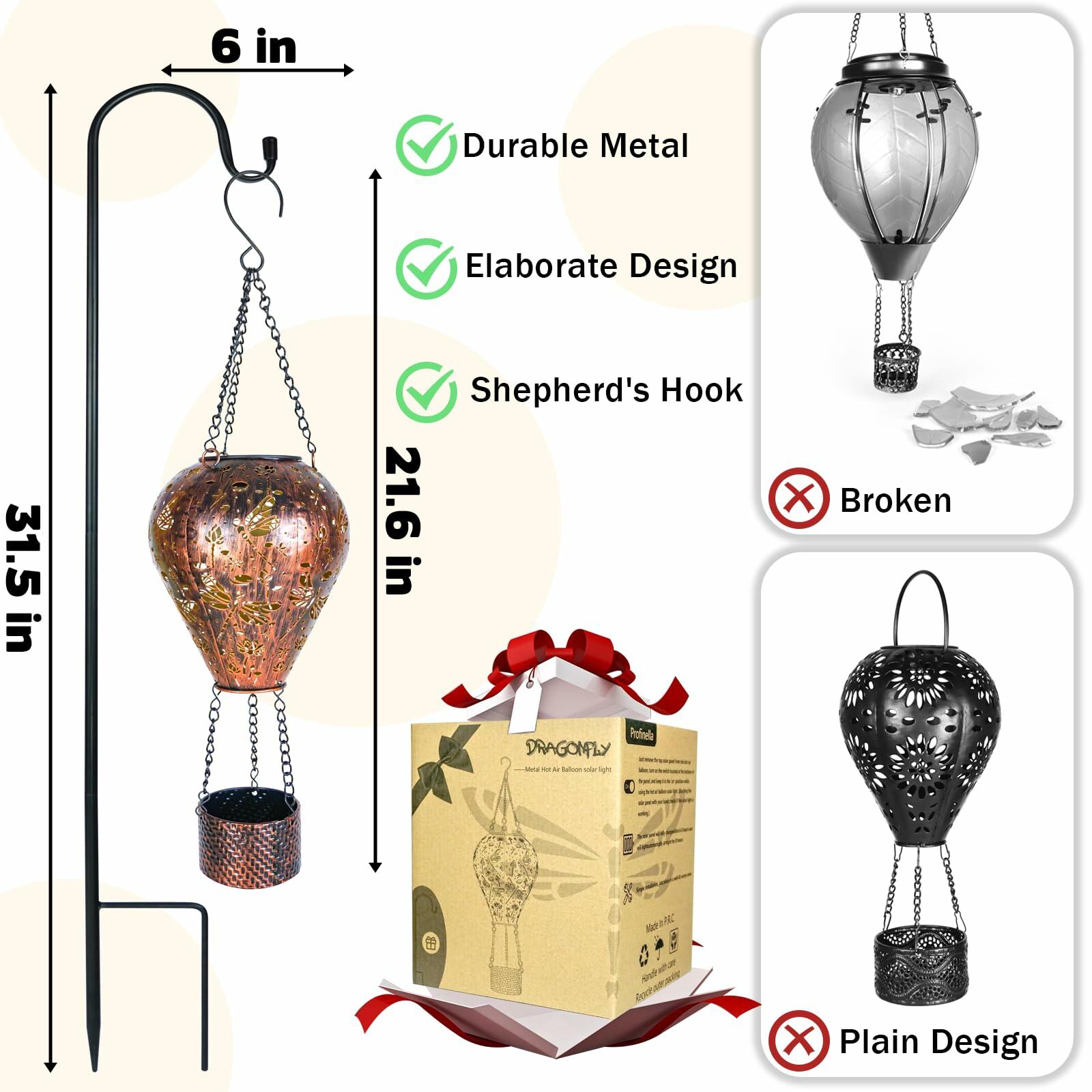 [Like New] Dragonfly Decor Hot Air Balloon Solar Lantern Outdoor Hanging Garden Light