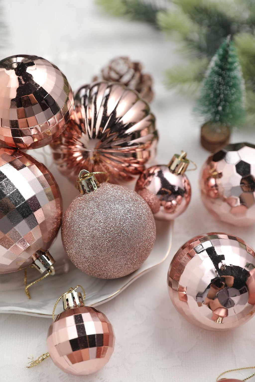 YiYunFloral Christmas Ball Ornaments 36pcs 6 Styles 3 Sizes Rose Gold