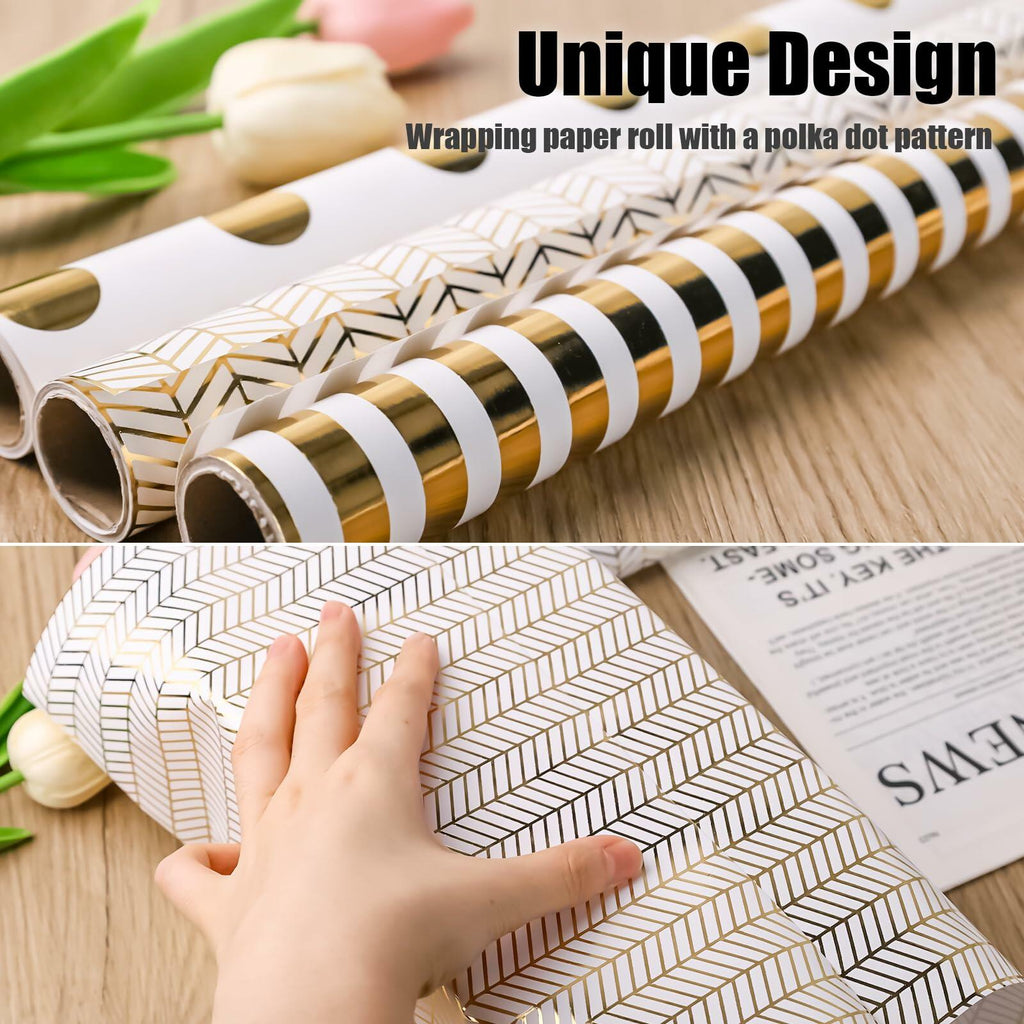 Koogel Wrapping Paper Roll 3 PCS Gold White 17x120 Inch Party Wedding